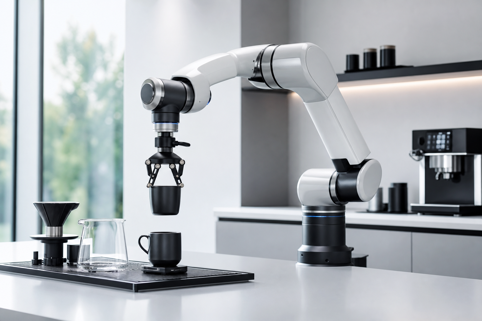 Custom robotic automation concept showing a mechanical arm workstation in a clean technical environment