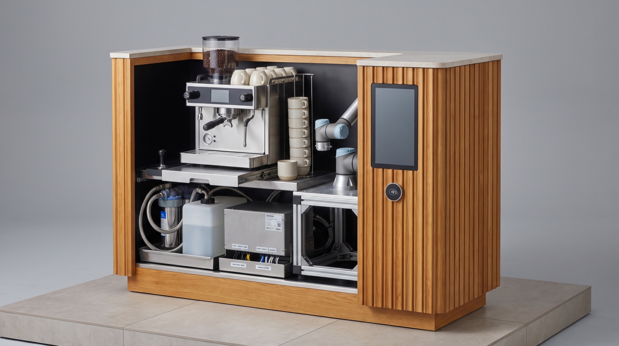 Section through the bar: the espresso machine and cup rack on a slide-out shelf, the arm behind, water filter, tank, pump and controller below