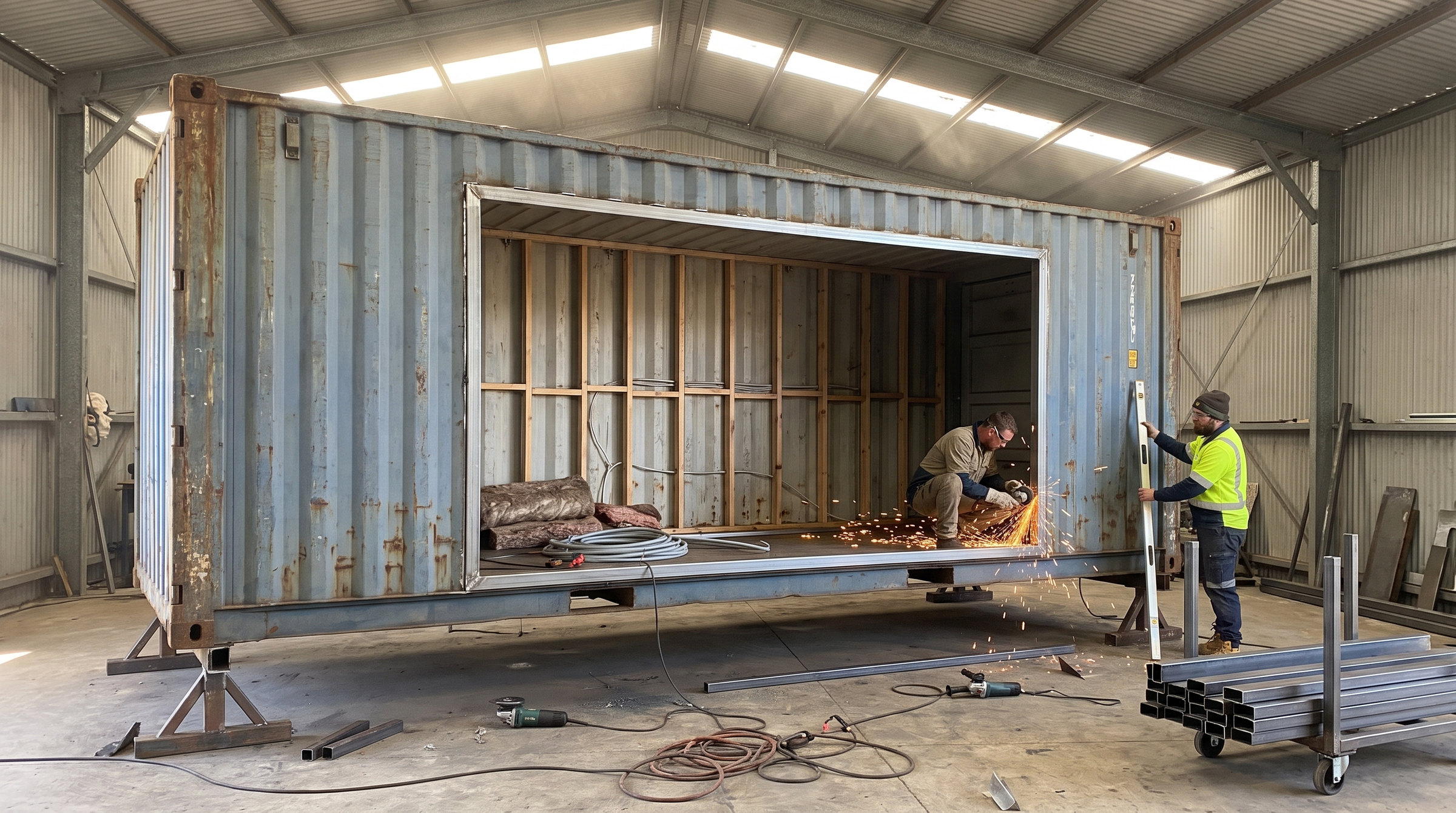 The container on stands in the fabrication yard, one side cut open and reframed in steel, a fabricator grinding the opening