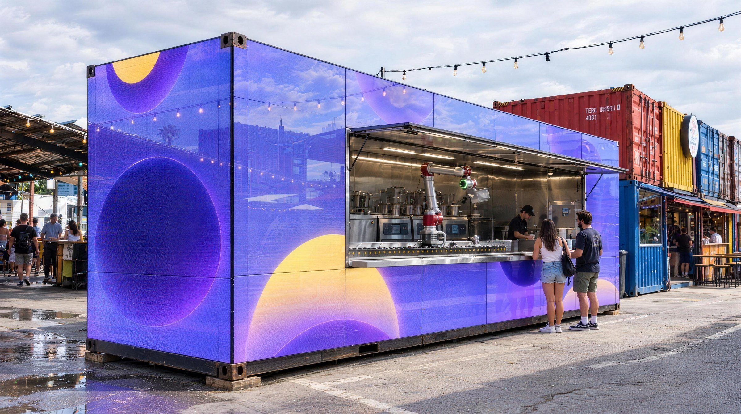 The container kitchen by day, its video panel skin running the brand