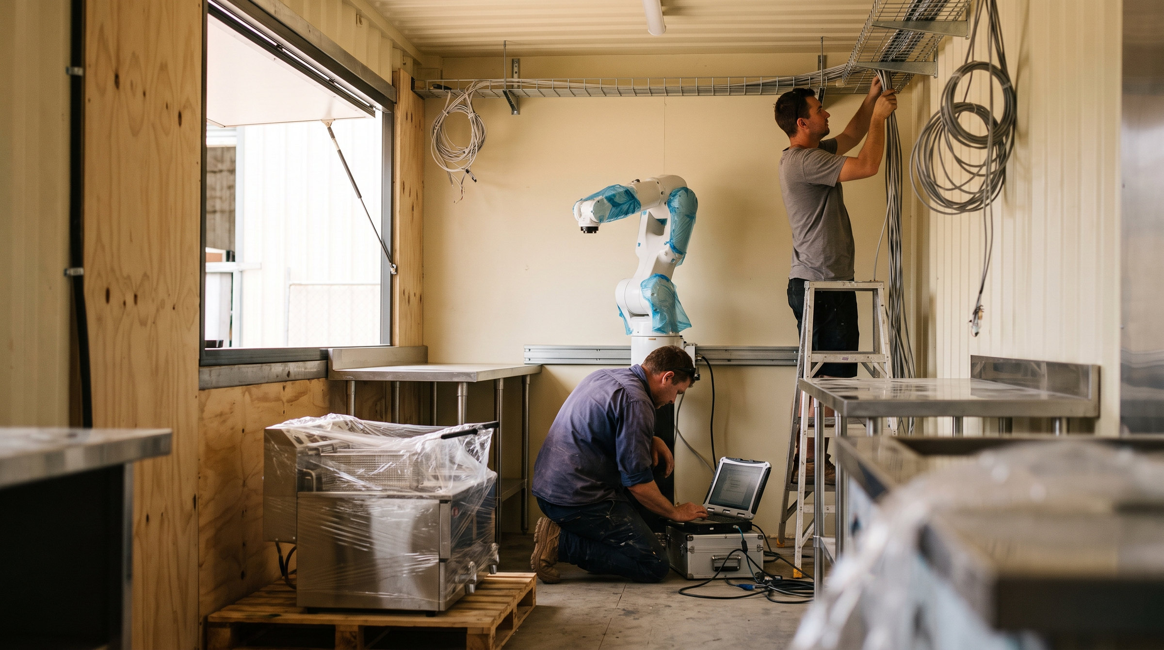 Inside the lined container during fitout, the arm bolted to its rail and still in film, a technician at the controller with a laptop