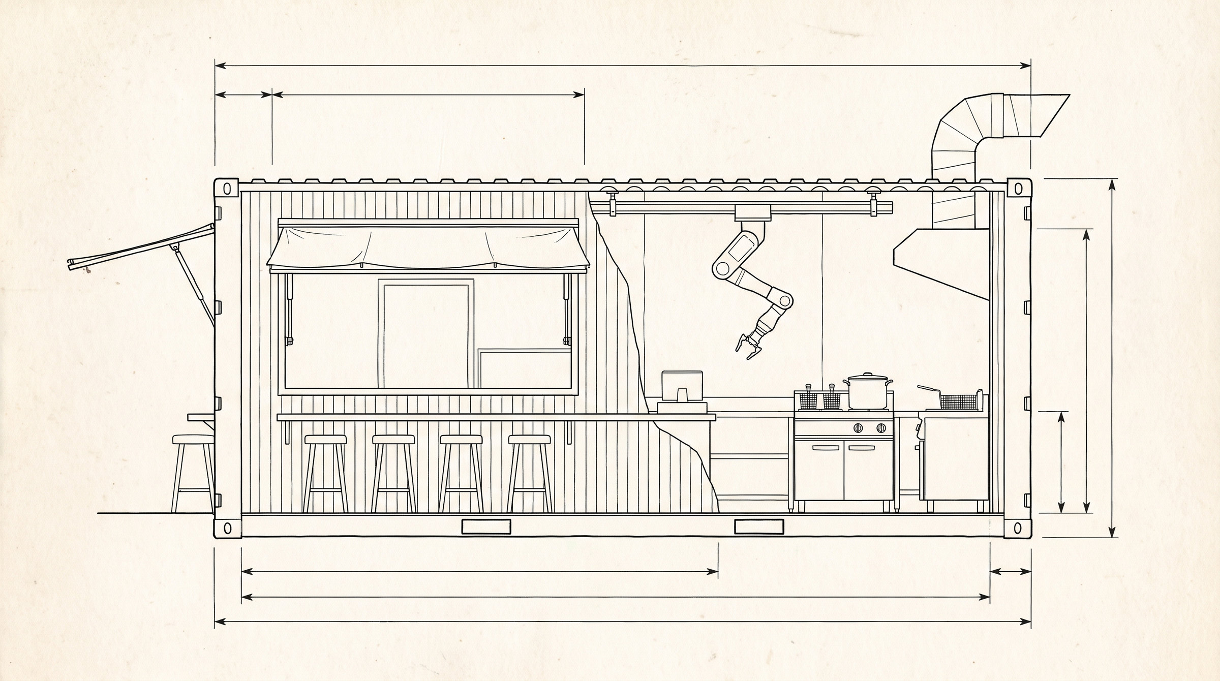 General arrangement drawing of the container: side elevation with the hatch and awning open, cutaway showing the arm on its rail, cooking line, extraction through the roof, counter and stools