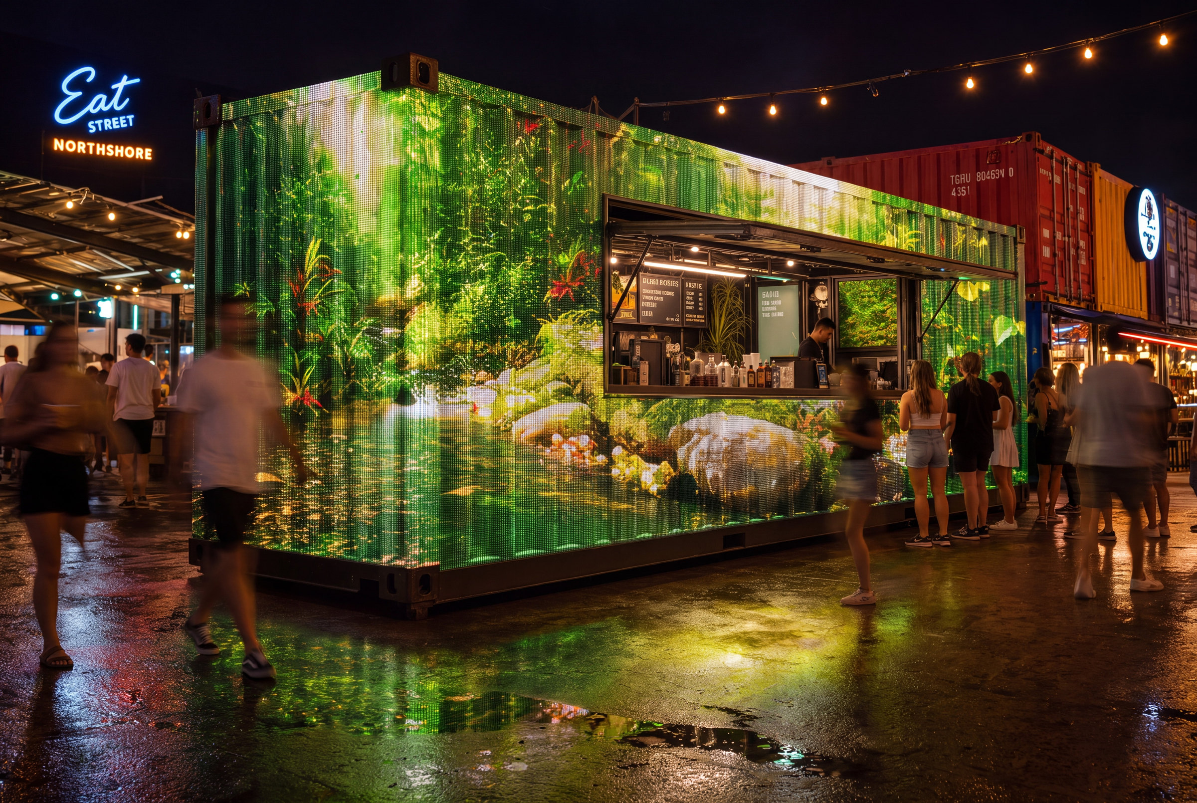 The same container with a full rainforest scene running edge to edge across the projector glass, green light spilling onto the ground