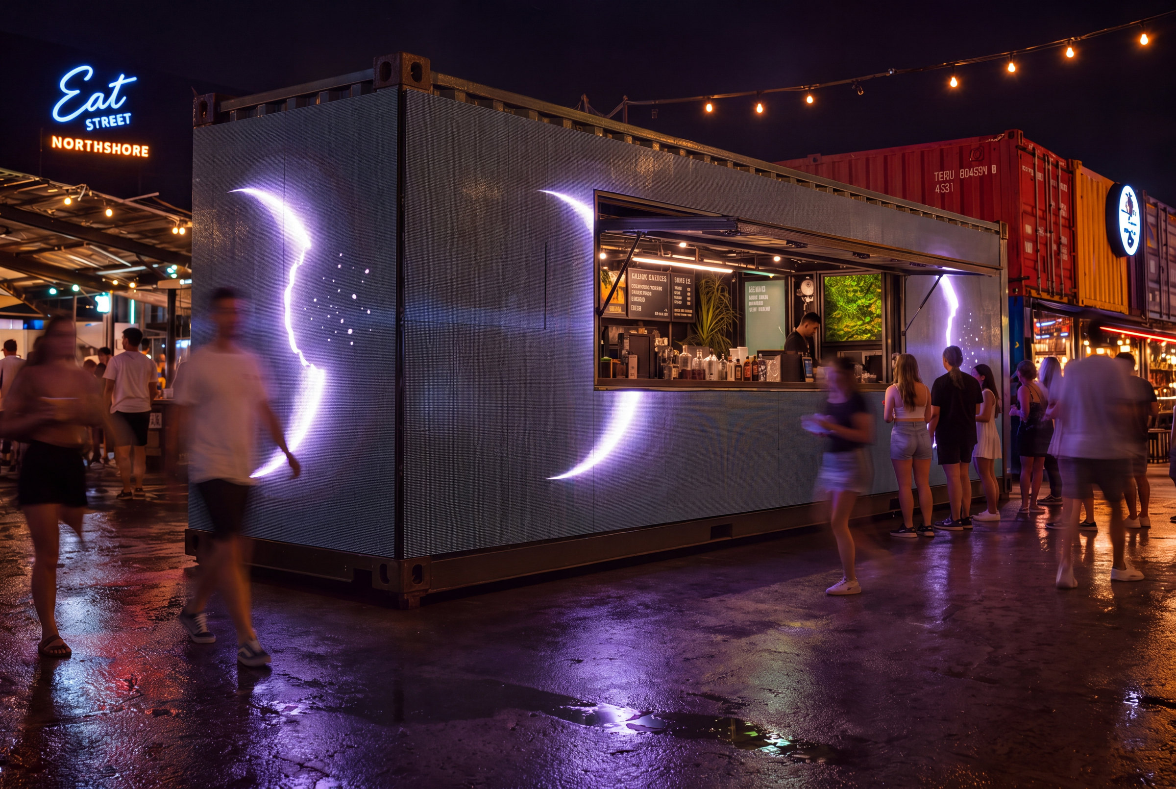 The container showing the Wonder crescent mark glowing across the projector glass in white and purple, crowd walking past on wet tarmac