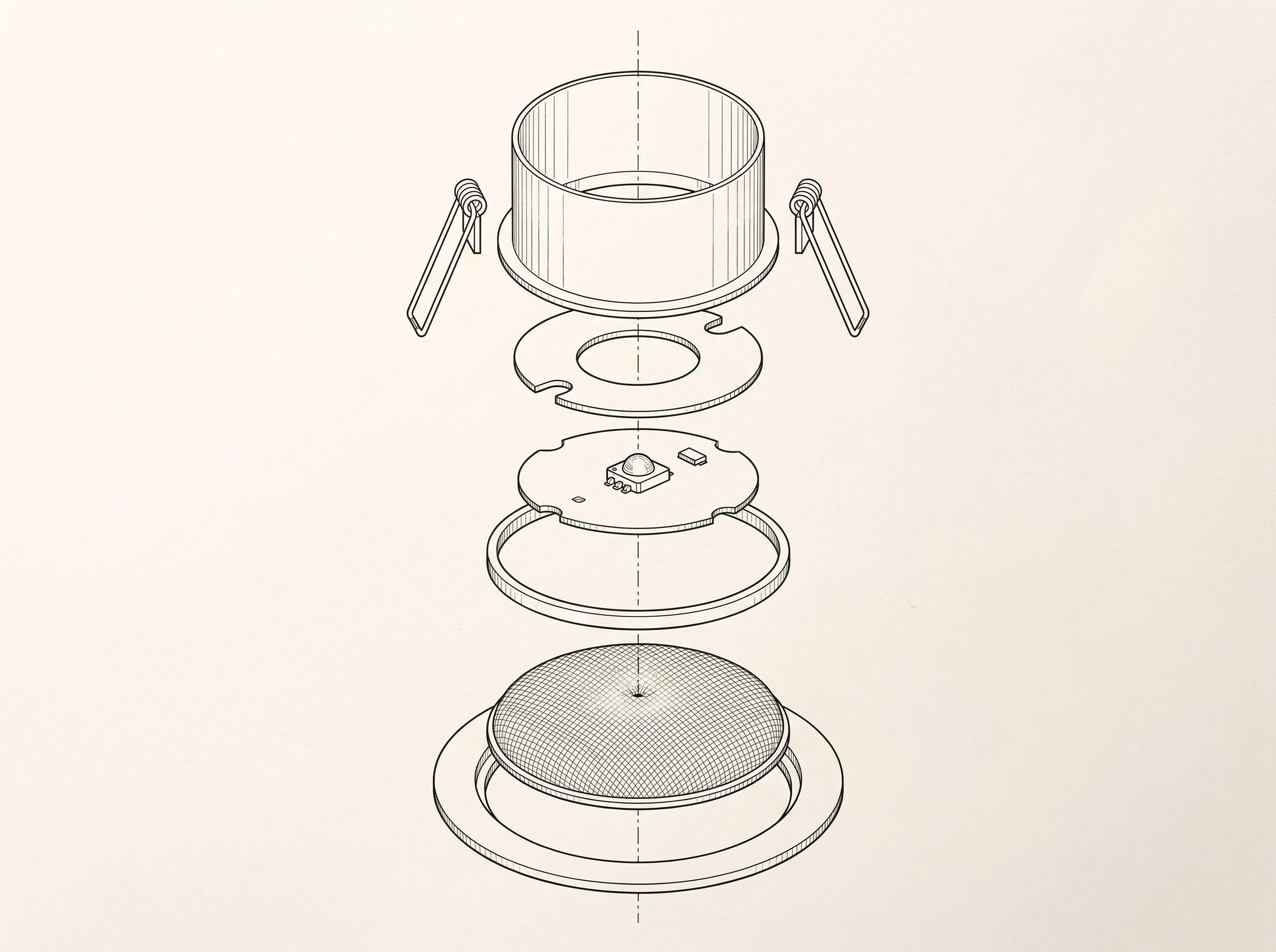 Exploded isometric drawing of the unit: bezel, mesh face, light ring diffuser, circuit board with sensor module, spreader plate, can and two spring clips separated along a centre axis