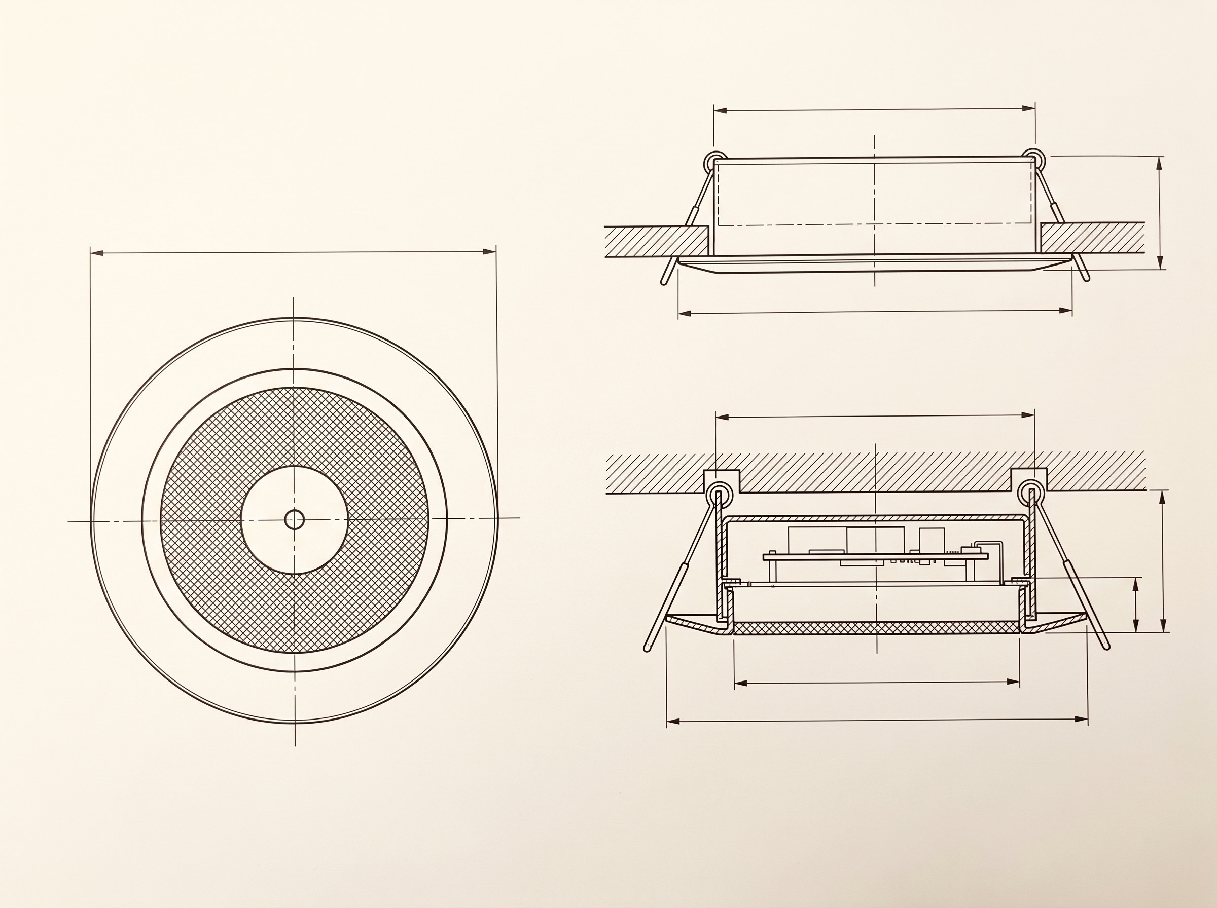 General arrangement drawing of the recessed unit: plan from below with the mesh face, side elevation, and a section through the plasterboard showing the can and the spring clips