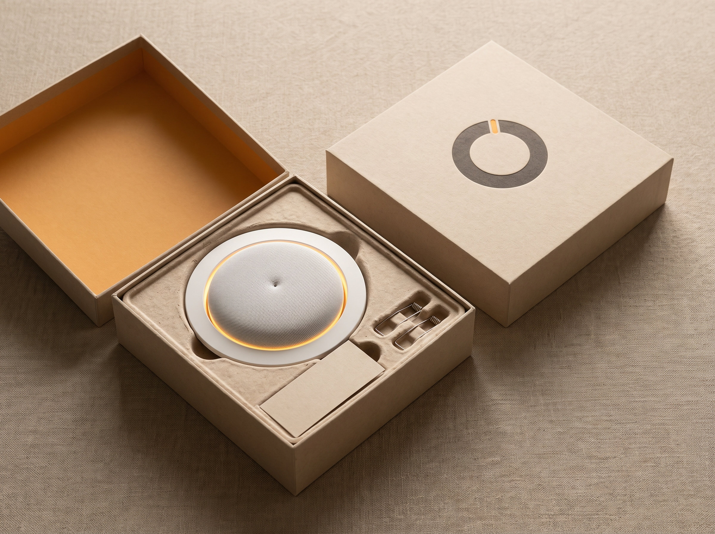 The unit in its box: unbleached card, a pulp tray, an amber lined lid, the ring mark debossed on the lid