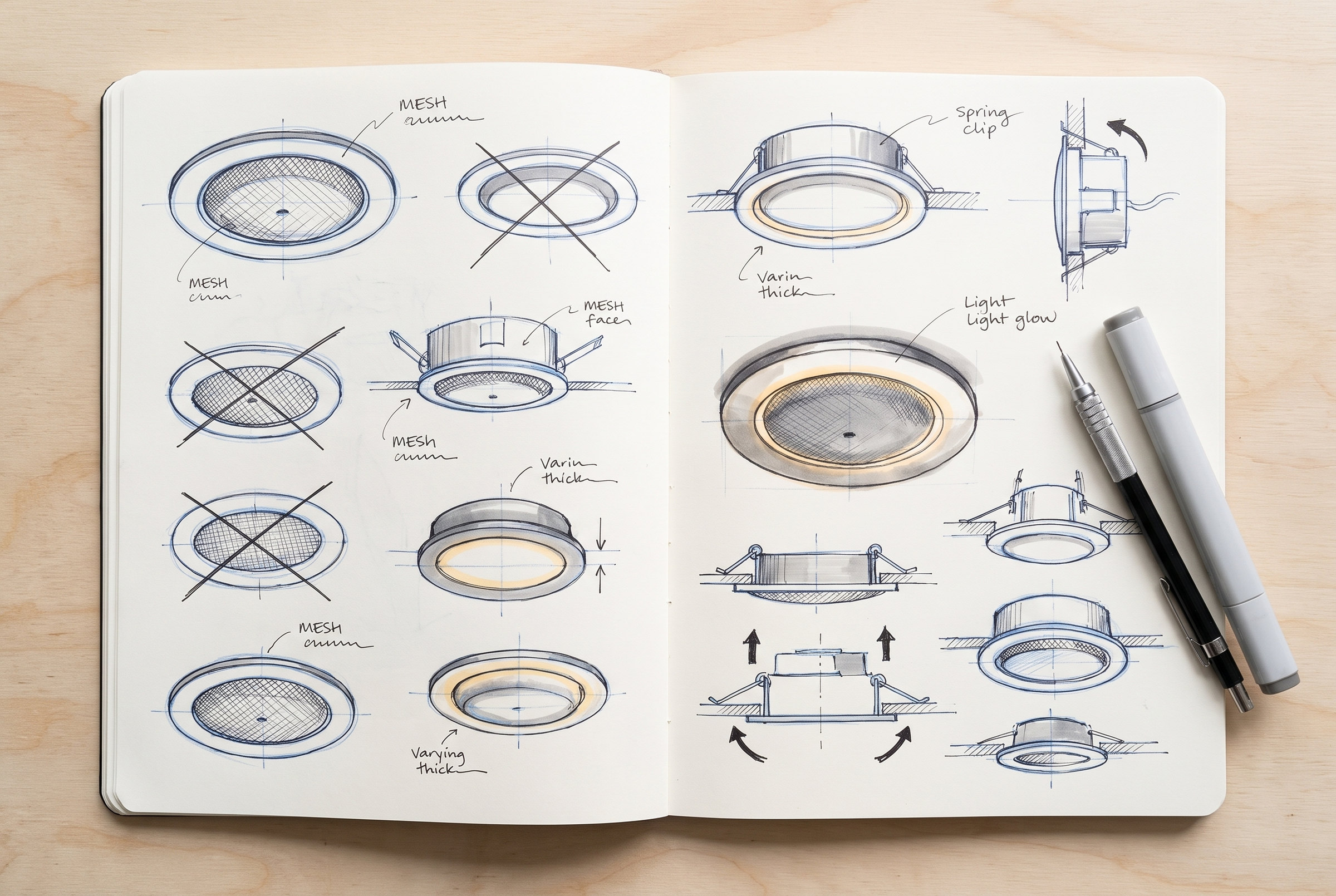 A sketchbook spread of thumbnail studies for the unit: a dozen round recessed forms from below and in section, most crossed out, the light ring tried at different widths, a marker rendering of the glow