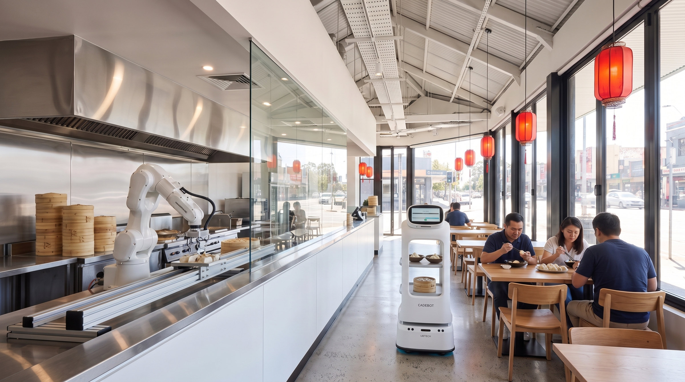 A UBTECH CadeBot rolling the aisle of the finished cafe with two bowls and a steamer on its trays, a diner reaching for a bowl, the arm working behind glass