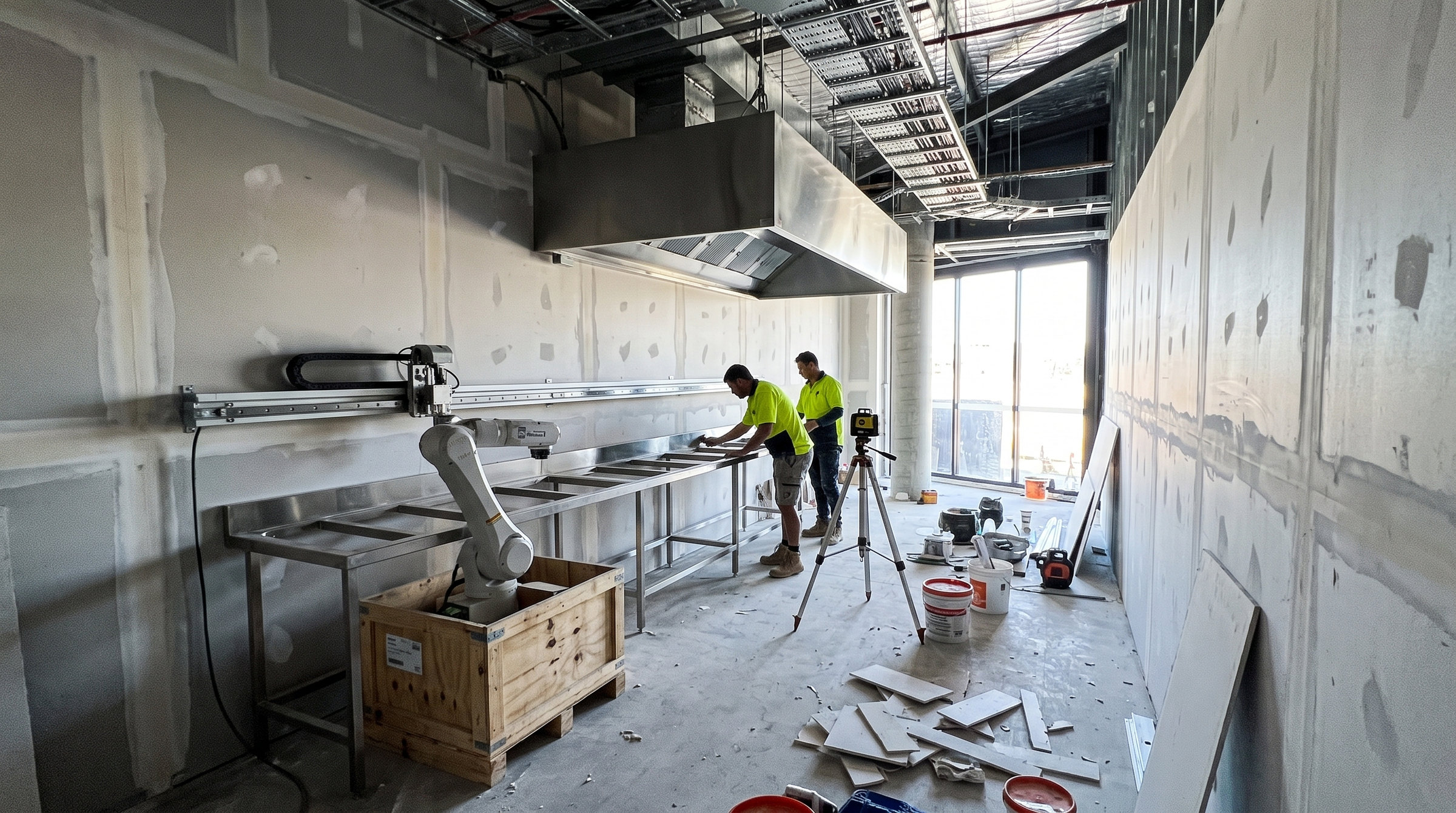The tenancy mid fitout: walls sheeted, the stainless bench frame and the linear rail installed along the left wall, the arm still crated on the slab, two tradespeople at the bench with a laser level