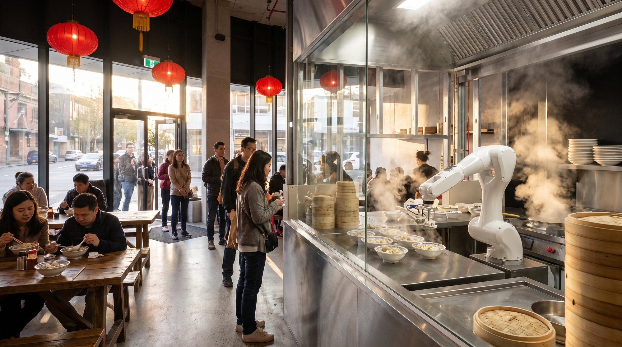Visualisation of the pass: the robot arm plating dumplings into bowls, steam, a queue at the counter
