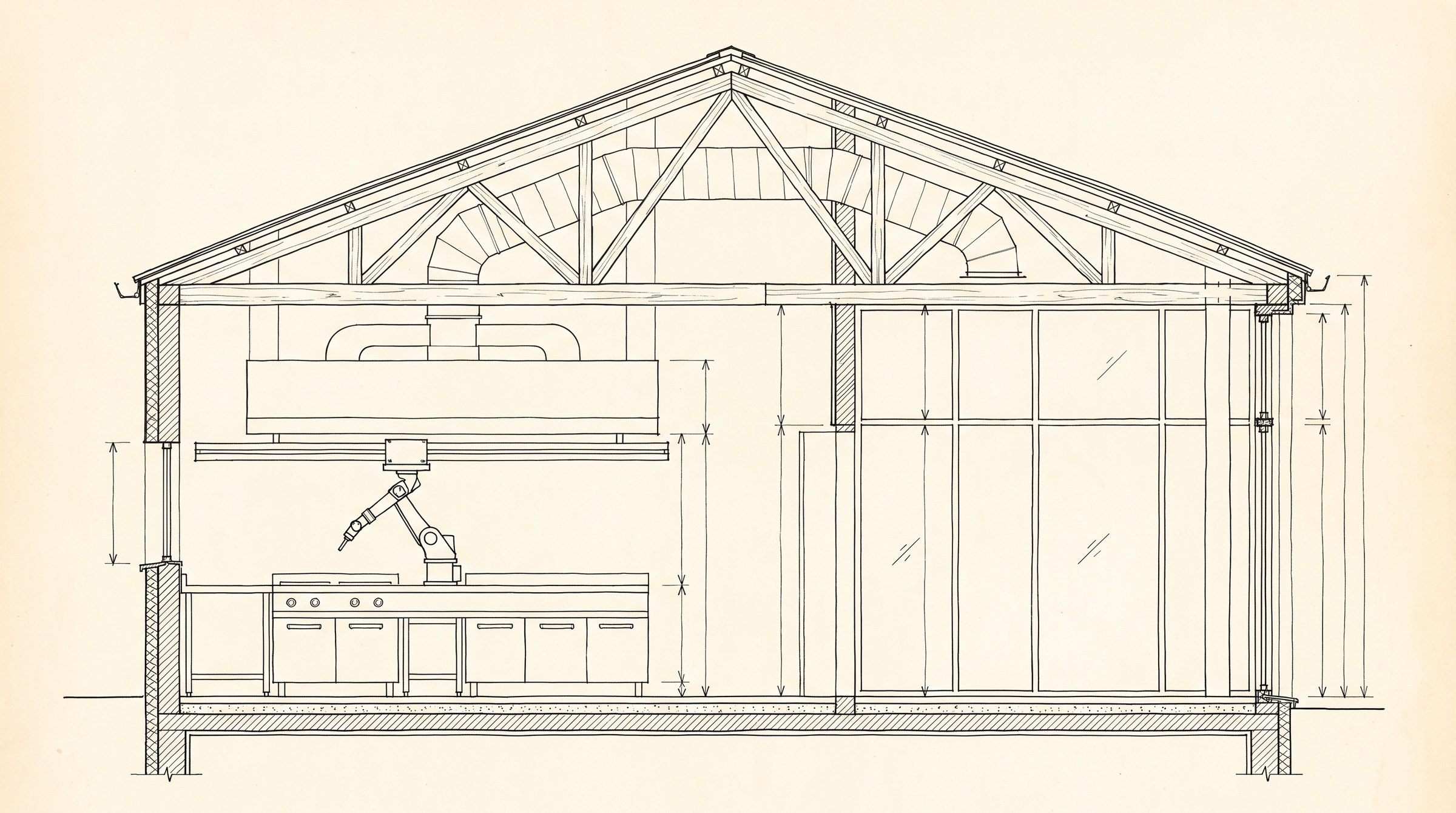 Section drawing through the kitchen: raked roof and trusses, extraction canopy, the arm hanging from its rail over the counter, glazing to the street