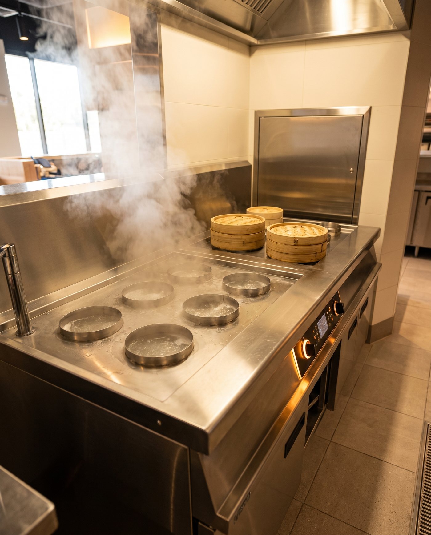 Visualisation of the six-well boiling unit installed and steaming, bamboo baskets on the stainless surface