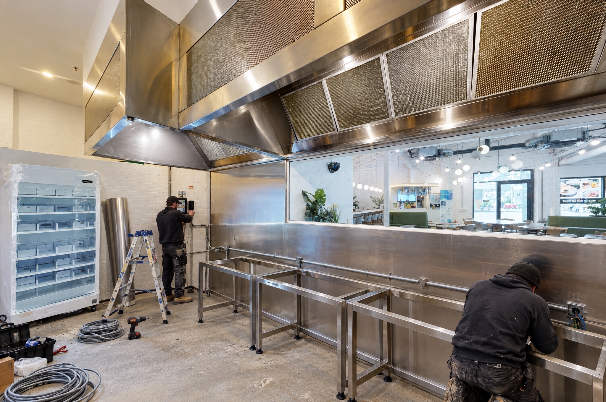 The kitchen bay at 365 St Pauls Terrace during fit-out: bare stainless bench frames under the extraction hood, conduit being run along the splashback, the ingredient store cabinet still in its film, cable coils on the concrete floor, the dining room through the pass window