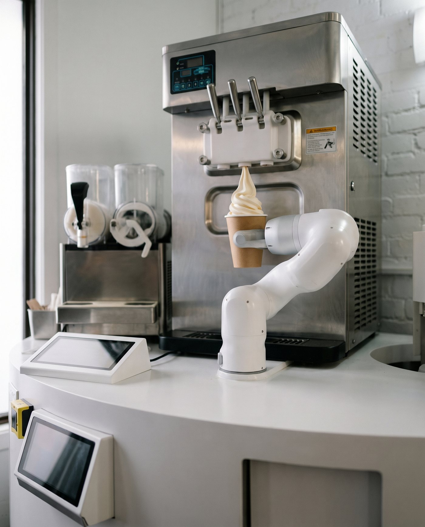 The kiosk arm filling a cup with soft serve
