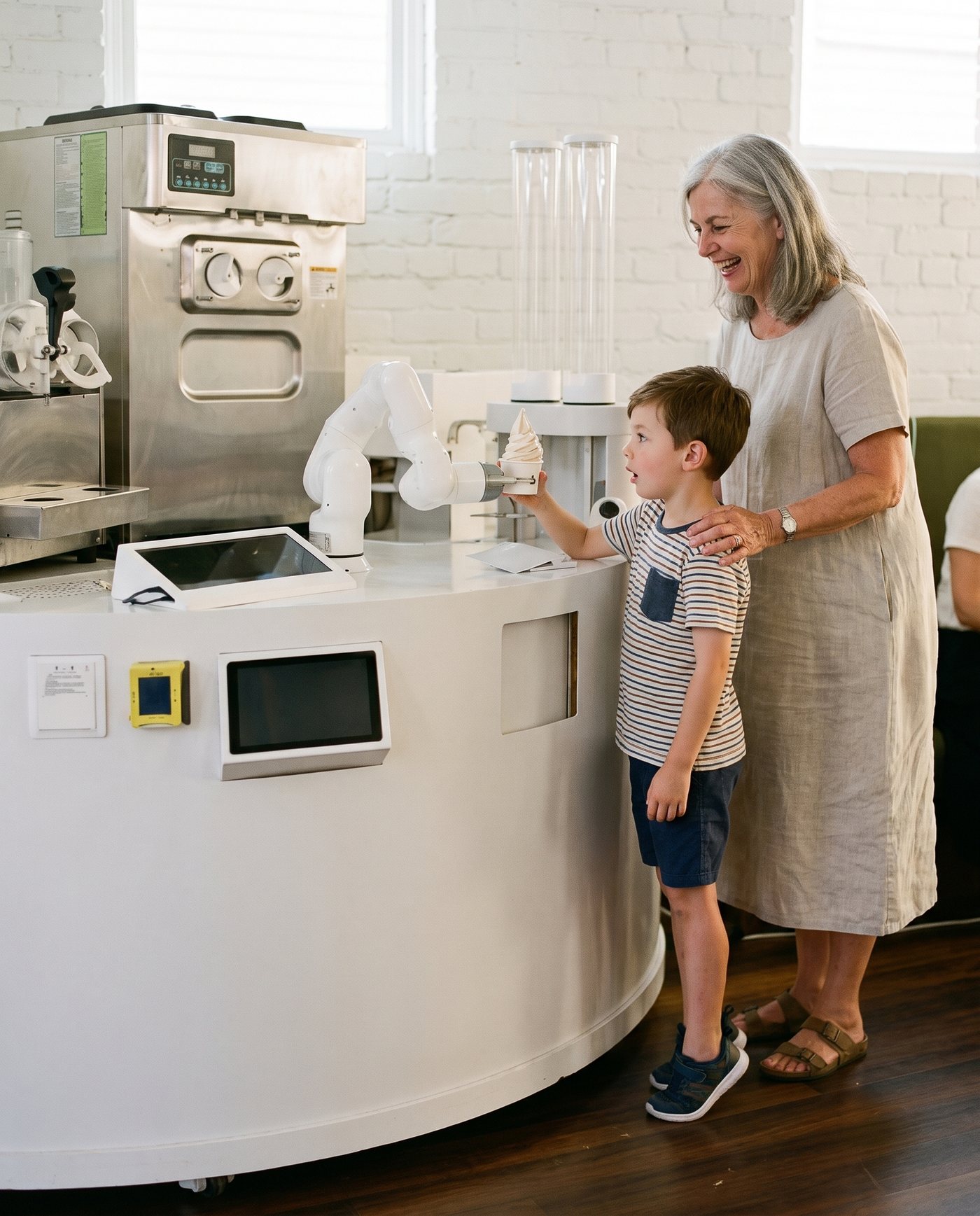 The dessert kiosk at 365 St Pauls Terrace, the arm handing a soft serve to a boy